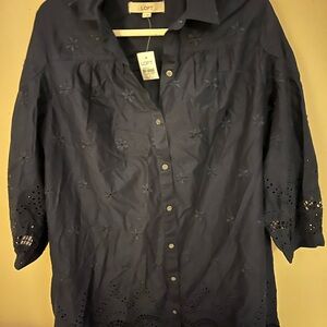 Loft Women’s Navy Blue Eyelet Dress Size M